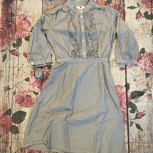 Gap Cotton Dress 2 Ruffle Placket Pinstripe Classic Menswear Inspired Tie Waist